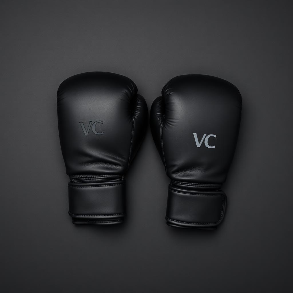 Boxing Gloves — 12oz training gloves with a wide wrist strap and a quiet VC mark.