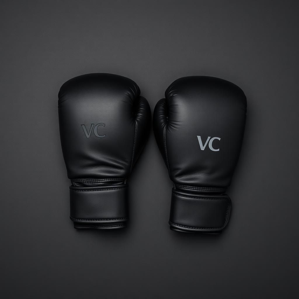 Boxing Gloves — 12oz training gloves with a wide wrist strap and a quiet VC mark.