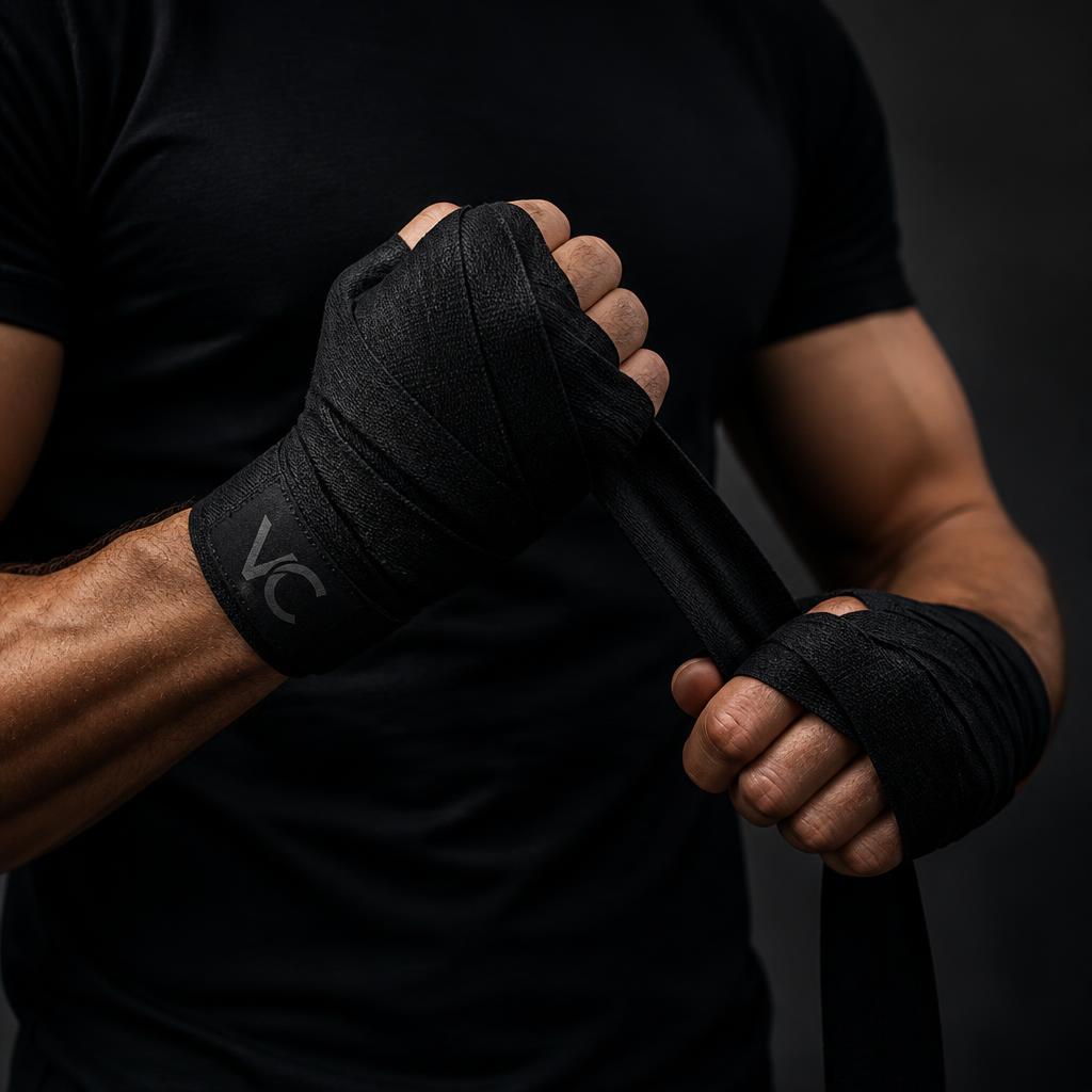 Voima Hand Wraps — 4.5m semi-elastic wraps with a quiet VC mark.