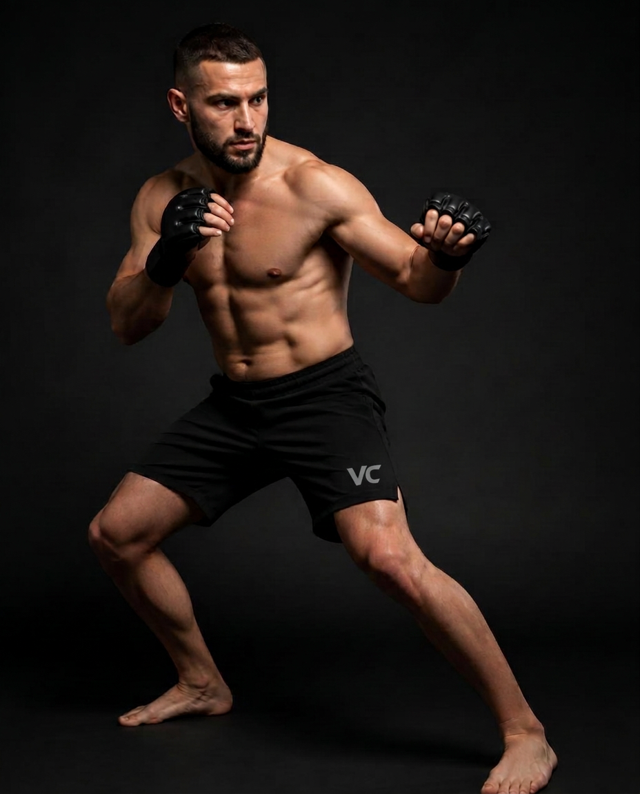 MMA Fight Shorts — Fight-cut shorts with split seams and a locked waist.