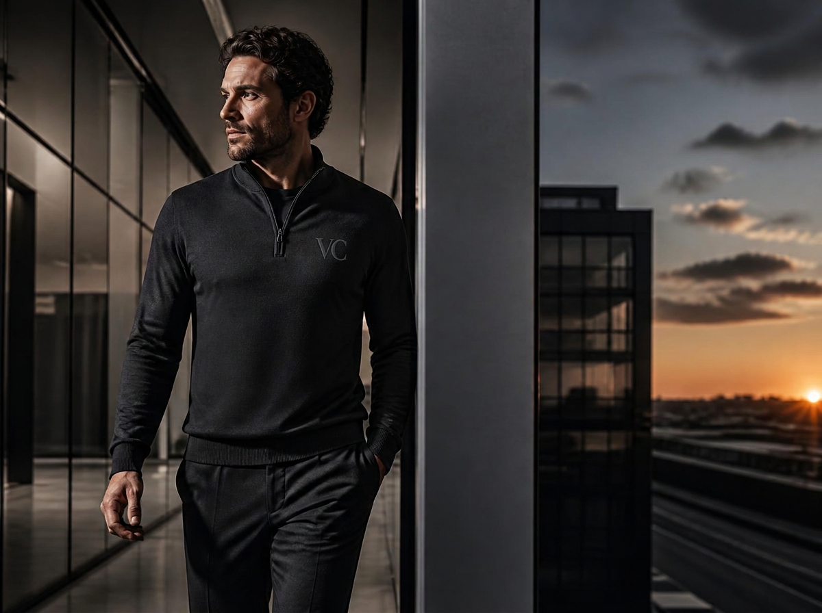 Man in a charcoal quarter-zip walking through a modern office at dusk